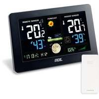 ADE Wetterstation Funk mit Außensensor | präzises Thermometer Hygrometer innen und außen | großes Farbdisplay | Barometer | Funkwecker | Mondphasen | Wettervorhersage