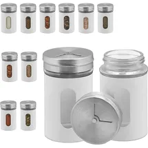Relaxdays Gewürzstreuer, 12er Set, 3 Streugrade, Gewürze & Kräuter, Gewürzgläser, 90 ml, Glas Edelstahl, weiß/Silber