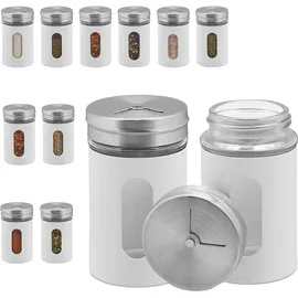 Relaxdays Gewürzstreuer, 12er Set, 3 Streugrade, Gewürze & Kräuter, Gewürzgläser, 90 ml, Glas Edelstahl, weiß/Silber