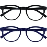OPULIZE BLU Blaulichtfilter Lesebrille für Damen Herren, Blendfreie UV400-Schutz Federscharnier Anti-Müdigkeit, Runder Rahmen, Computerbrillen Gaming, 2er-Pack Schwarz Blau +1,00