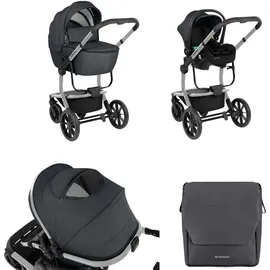 KIKKABOO Kombikinderwagen Irene 3 in 1 Babywanne Autositz Adapter Wickeltasche dunkelgrau - Grau