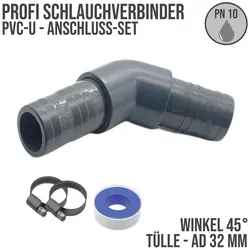 32 mm PVC PROFI Winkel 45° Schlauch Verbinder Stutzen Tülle Pool Teich Garten - ...