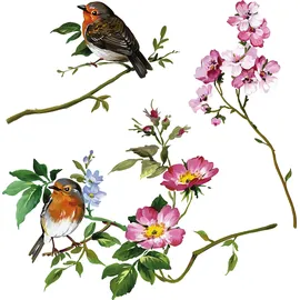 KOMAR Fenstersticker Spring Fever - Größe 31 x 31 cm, 2 Bogen, selbsthaftend und neu platzierbar, Fensteraufkleber, Fensterfolie, Bird, Singvögel, Aquarell, Rotkehlchen, Stieglitz - 16007