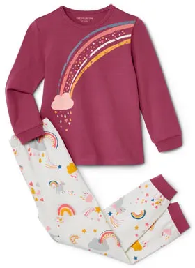 Tchibo - Kinder-Pyjama - Mehrfarbig - Kinder - Gr.: 110/116 - Oberteil dunkelrosa mit mehrfarbigem Regenbogen-print Hose dunkelrosa mit mehrfarbigem Einhorn-Regenbogen-Alloverprint - 110/116