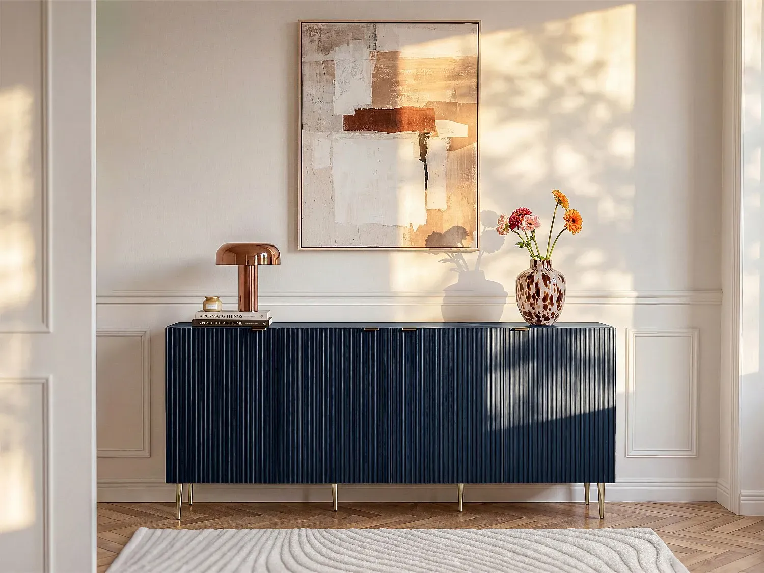 Sideboard mit 4 Türen - MDF & Stahl - Blau & Goldfarben - YESINIA