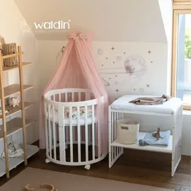Waldin Oval Babybett OWAL aus Holz 7in1 mit Matratze, mitwachsend,Stoffe Rosa Tiere,Holz weiß - Weiß