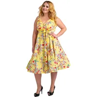 Miss Lavish London Frauen Plus Größe Kleider Retro Swing Blumen Rockabilly 40s und 50er Jahre Vintage Brautjungfer Kleid [VOGEL-GELB-56] - 56