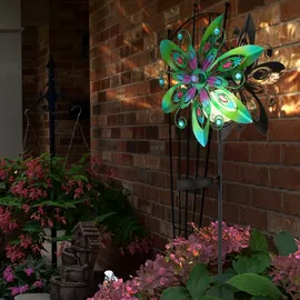 GLOBO Gartendeko Windrad LED Solarleuchte, Glaskugel, bunt Außenlampe Erdspieß, Metall kupferfarben, Bruchglas, warmweiß, 2er Set