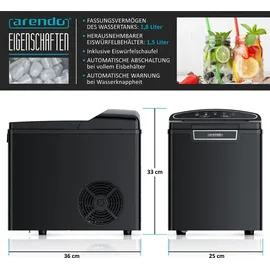 Arendo Eiswürfelmaschine elektrisch, 12-15 kg in 24 h, 1,8 Liter Eiswürfelbereiter, Eiswürfel in 7,5 - 8,5 min, Ice Cube Maker, 105 Watt, Schwarz