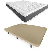 DUÉRMETE ONLINE Beige, komplettes Bett mit viskoelastischer Matratze Bio Nature + verstärkter gepolsterter Boden, Farbe 6 Beine, Holz, 90 x 190 cm