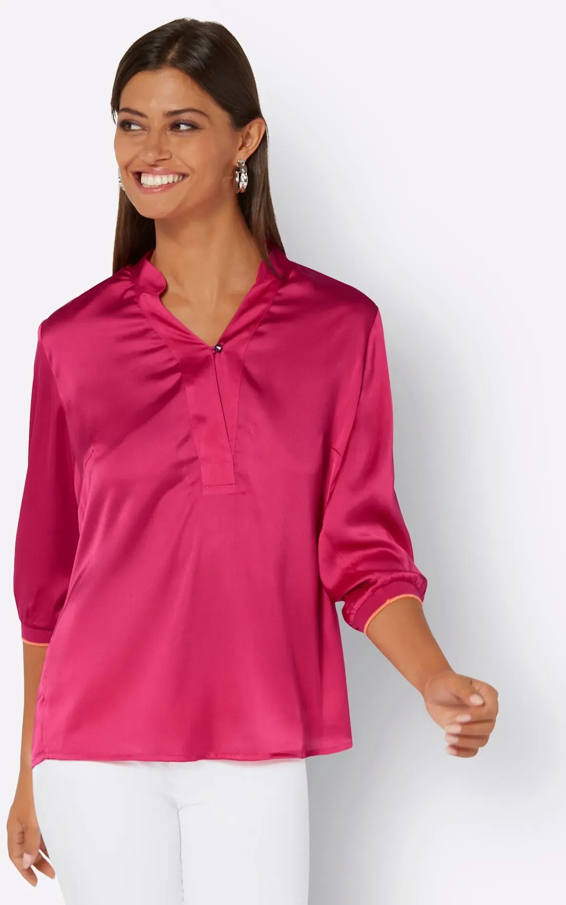 Satinbluse CREATION L, Damen, Gr. 44, pink, 100% Polyester, gemustert, Langarm, Blusen