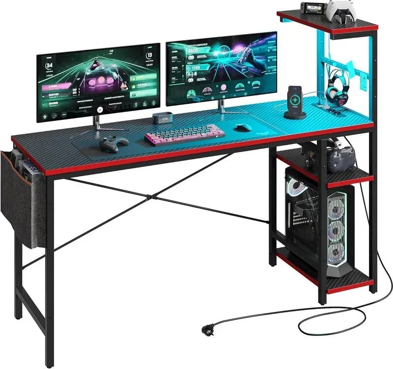 Bestier 155 cm Eck-Computertisch mit Steckdosen, Computertisch mit LED-Beleuchtung, Umkehrbarer Tisch mit Seitentasche, Aufbewahrungstasche & Zubehörhalter für Home Office, Kleine Räume, Schwarz