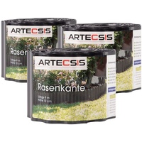 ARTECSIS 3X Rasenkante aus Kunststoff, 9 m x 10cm, Anthrazit, gewellt, Umrandung für Beete, Beeteinfassung, Rasenbegrenzung