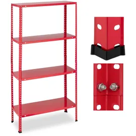 Relaxdays Schwerlastregal, Traglast 160 kg, 4 Ebenen, HxBxT 147,5 x 75,5 x 30,5 cm, Keller & Garage, Metallregal, rot