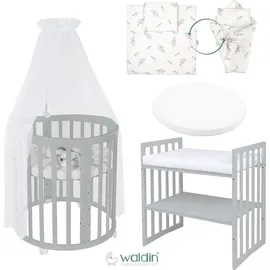 Waldin Mobiles Babybett OWAL aus Holz 7in1 mit Matratze, mitwachsend,Stoffe Weiß Zweige,Holz grau - Grau