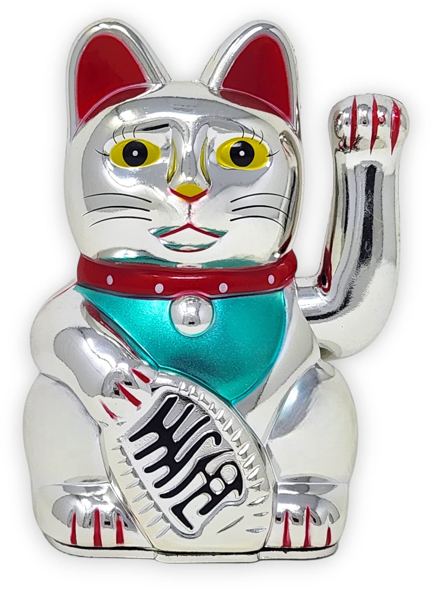 Starlet24® Winkende Glückskatze Winkekatze Lucky Cat Maneki-Neko Winkende Japanische Maneki-Neko batteriebetrieben (Silber, 15cm)