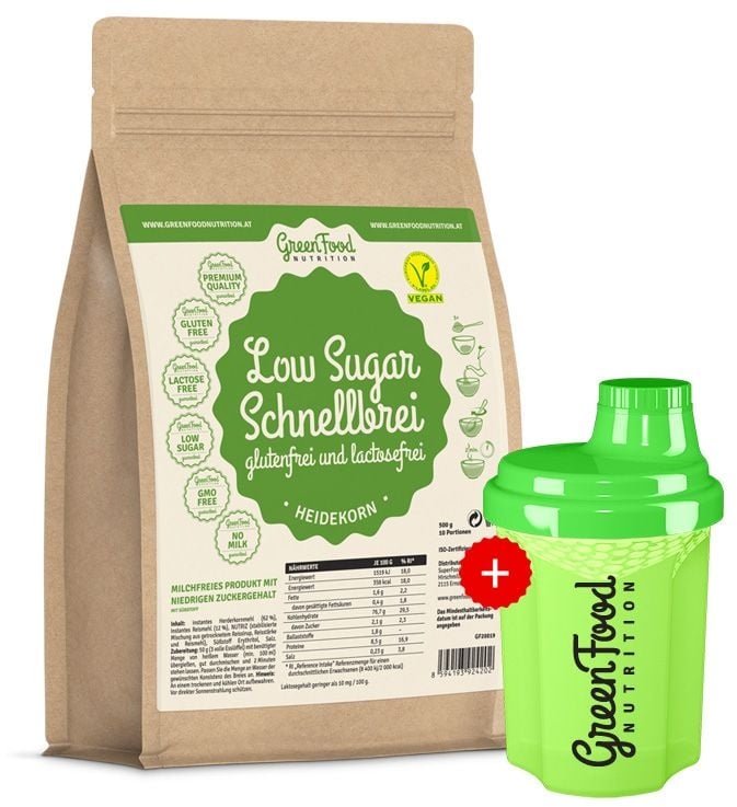 GreenFood Nutrition Low Sugar schneller Brei ohne Gluten und Lactose Buchweizen + 300ml Shaker 500 g