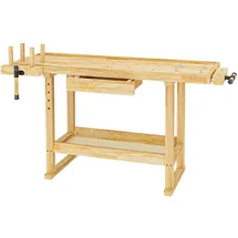 Wiltec Werkbank 151 x 61,5 x 86 cm, aus Holz, Werktisch aus Rubberwood, Hobelbank bis 150 kg belastbar, Werkzeugbank mit Schublade und Spannzangen