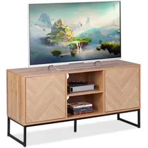 Relaxdays TV Lowboard, Retro-Design, HBT: 60 x 120 x 38 cm, Holzoptik, Metall, 4 Fächer, Fernsehtisch, Hellbraun/schwarz