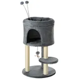 PawHut Kratzbaum 73,5H cm Katzenbaum mit Katzenhöhle und Spielball Kletterbaum Sisalsäule Katzenspielzeug Plüsch Grau+Cremeweiß - Schwarz
