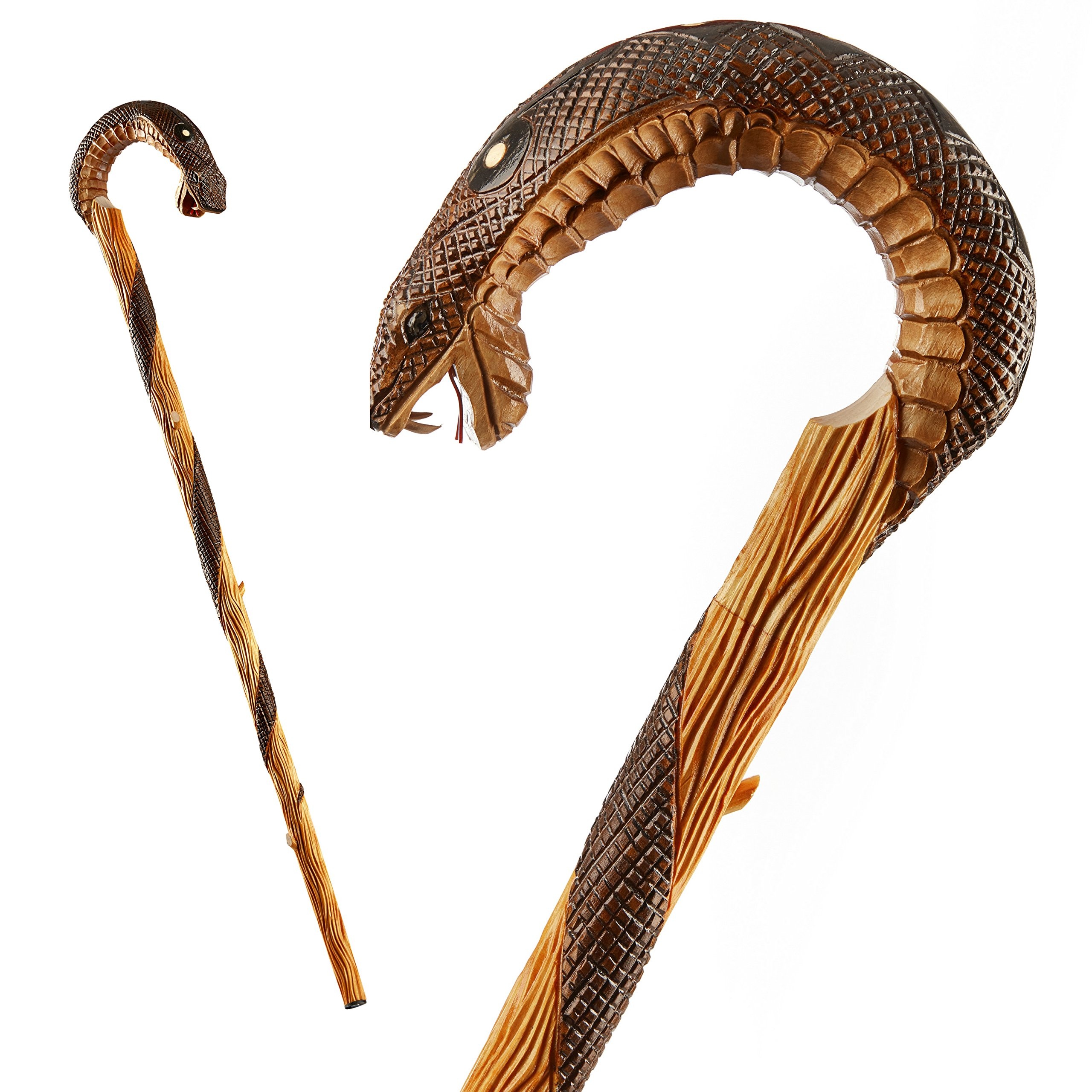 handgeschnitzt Einzigartige gebogenen Griff Holz Cane Stick mit One Of A Kind Design – Qualität Made in EU, holz, Snake, 90 cm