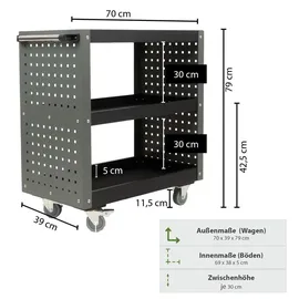 Trutzholm Werkstattwagen 3 Etagen Stahl grau Werkzeugwagen 70x39x79 cm auf Rollen bis 300 kg Tragkraft
