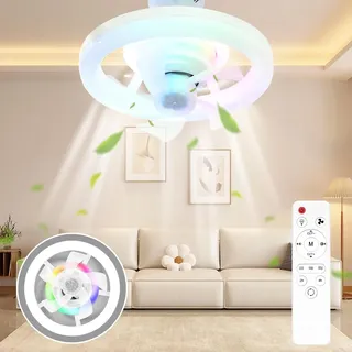 Demiawaking Ventilator LED Deckenleuchte mit Ventilator, Universal E27 LED Deckenventilator mit Lampe mit Fernbedienung 3 Geschwindigkeiten Dimmbar, 3200-6500 K, B