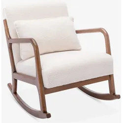 Design-Schaukelstuhl aus Holz und Bouclé-Stoff in Weiß, 1 Sitz, Schaukelstuhl in skandinavischem Design