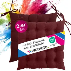 wometo 2er Set Sitzkissen Stuhlkissen 40x40 OEKO-TEX  - dunkelrot weinrot Sitzauflage Bank Polster Sitzpolster mit Bändern / Schleife, Indoor / Outdoor