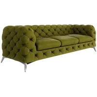 S-style möbel Chesterfield-Sofa, Olivgrün, Echtholz,Buche, Birke, 3-Sitzer mit Metall