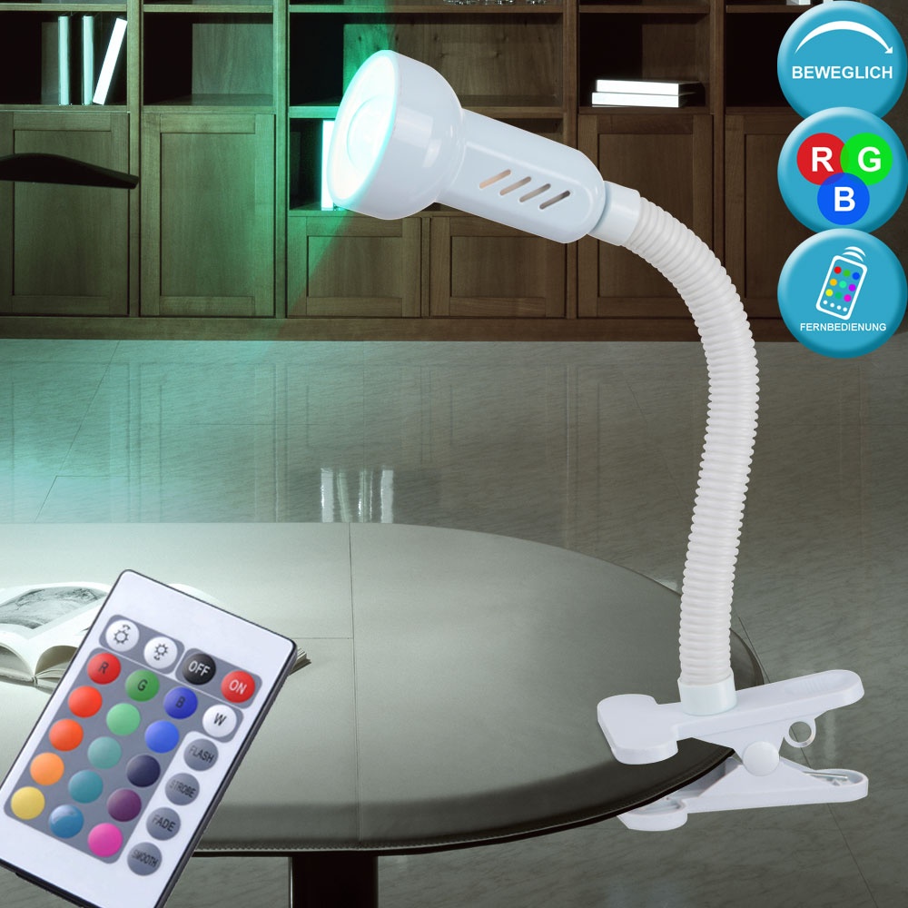 Klemm Strahler Tisch Lampe DIMMER Fernbedienung Flexo Leuchte weiß im Set inkl. RGB LED Leuchtmittel