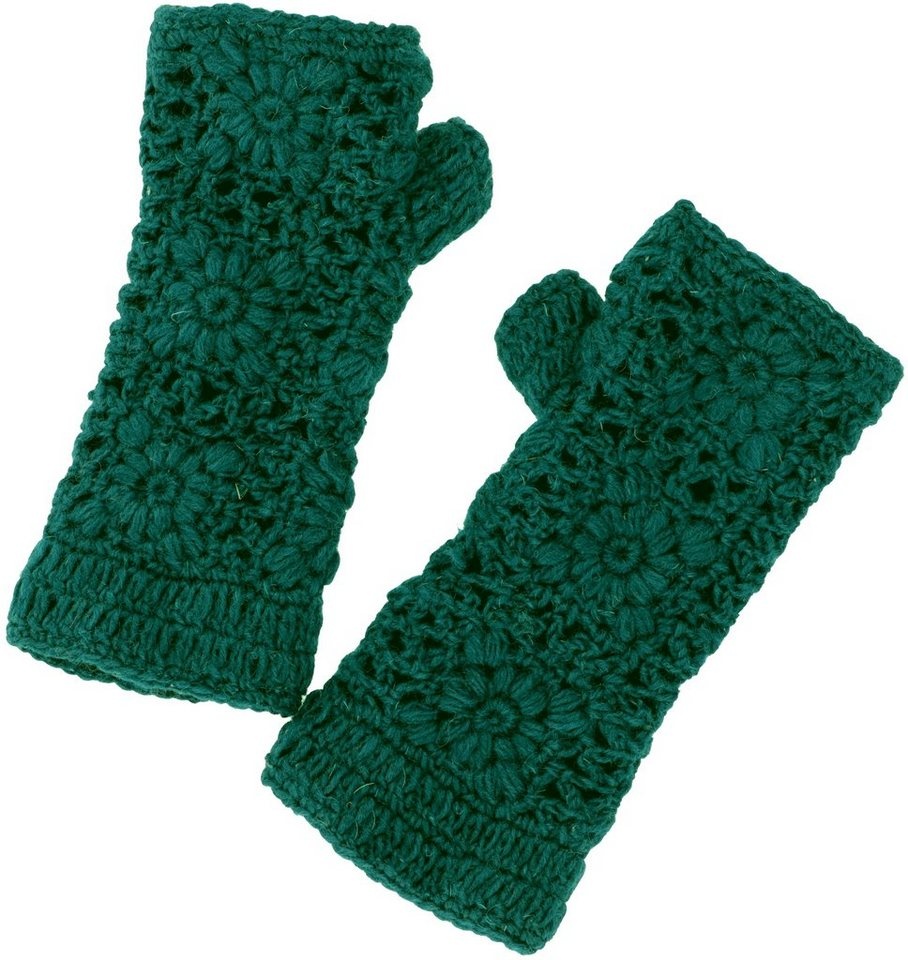 Guru-Shop Strickhandschuhe Gehäkelte Handstulpen Blümchen, Armstulpen aus.. grün