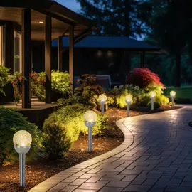 Expo Börse Solarlampe Erdspieß Außenleuchte Glaskugel Gartenlampe Steckleuchte, Kunststoff silber Edelstahl, Akku, LED warmweiß, H 34,5 cm, 4er Set