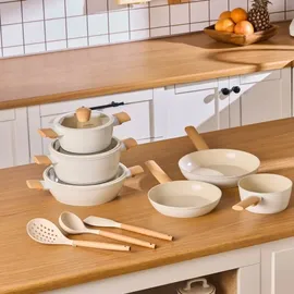 KARACA Swiss Crystal Almond Cream 12-teiliges Kochgeschirr-Set, Antihaftbeschichtung, PFAS-frei, SwissCrystal-Oberfläche, enthält Töpfe, Pfannen & Kochutensilien