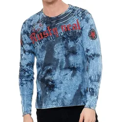 Herren Longsleeve im Batik-Stil mit Schriftzug Langarm-Shirt Sommer-Pullover Freizeit-Shirt R-10155 Indigo-Blau - S