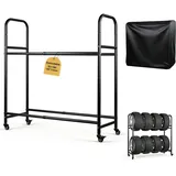 EXLECO Verstellbar Reifenregal bis zu 8 Reifen, Regallänge 63-108cm, Werkstattregal mit Schutzhülle & Lenkrollen, Garage Reifenhalter, Felgenständer, Beschichteter Stahl Schwarz Tragkraft 100-200kg