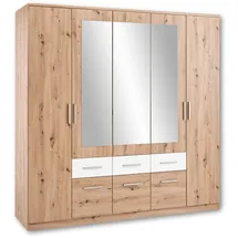 Stella Trading FLORIDA Eleganter Kleiderschrank mit Spiegel - Vielseitiger Drehtürenschrank mit viel Stauraum in Artisan Eiche Optik, Weiß - 212 x 213 x 60 cm (B/H/T)