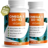 Omega-3 vegan + D3 & K2 (180x), 1100mg Algenöl mit 600mg DHA & 300mg EPA + 1000 IE Vitamin D3 + 40 μg Vitamin K2 - O3 D3 K2 vegan Essentials - Omega-3 Kapseln hochdosiert, bioverfügbar & laborgeprüft