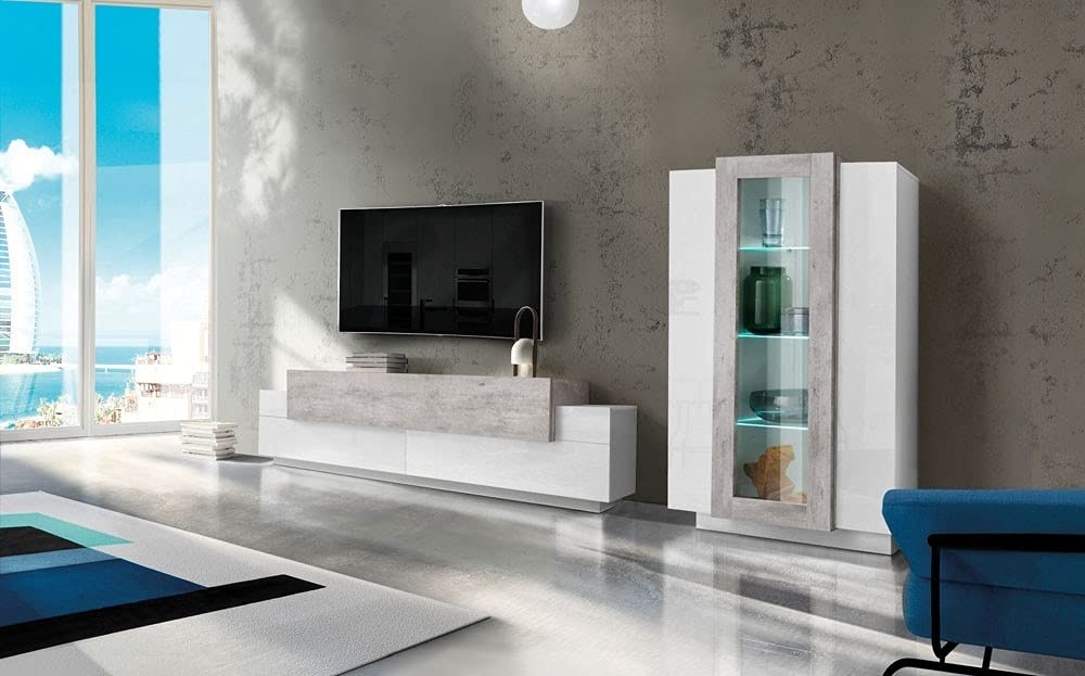Dmora Modulare Wohnwand, Made in Italy, mit weißem LED-Licht, TV-Ständer und Vitrine, Modernes Wohnzimmer-Set, 290x45h121 cm, Weiß glänzend und Zementfarbe