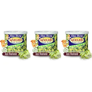 Khao Shong Dicke Bohnen mit Wasabi, knackige Bohnen im scharfem Teigmantel, fettärmere Alternative zu Nüssen, mittlere Schärfe, (1 x 140 g Dose) (Packung mit 3)