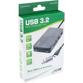 InLine USB 3.2 Multi Cardreader Hub, SD/TF/MS/XD/CF, 3-Port USB-A, Dual