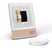 Glamcor Riki Skinny Smart Kosmetikspiegel mit HD-LEDs, Vergrößerungsspiegel-Befestigung, Telefonhalter und Bluetooth-Steuerung (Champagner Gold, 5-fache Vergrößerung)