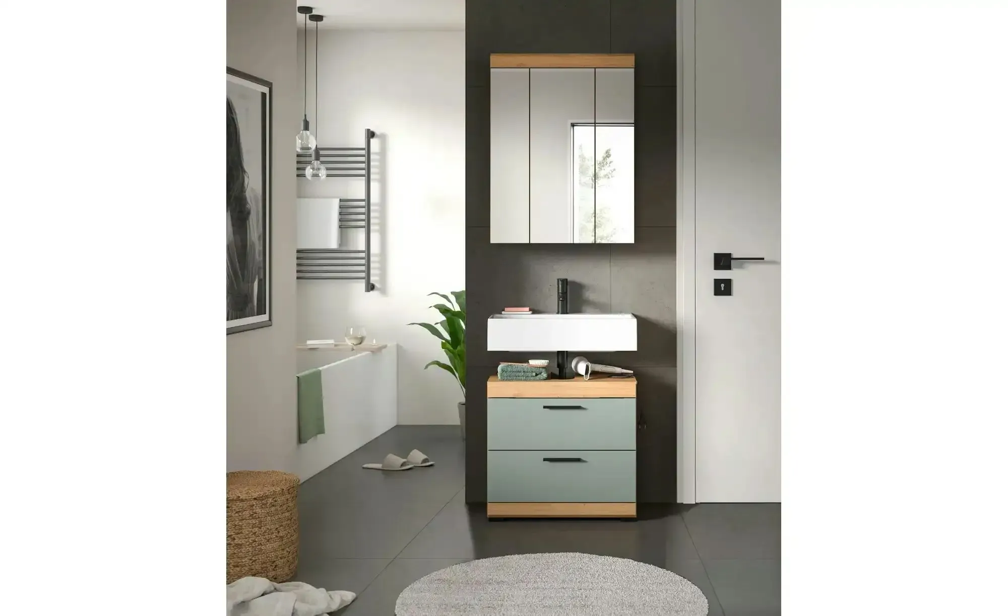 Badmöbel-Set SCHLOONSEE  2 tlg.  bestehend aus: Waschbeckenunterschrank  Spiegelschrank  in verschiedenen Farben erhältlich  Badmöbel  Kombination  Badezimmer  Schloonsee , grün , Maße (cm): B: 60 H: 191