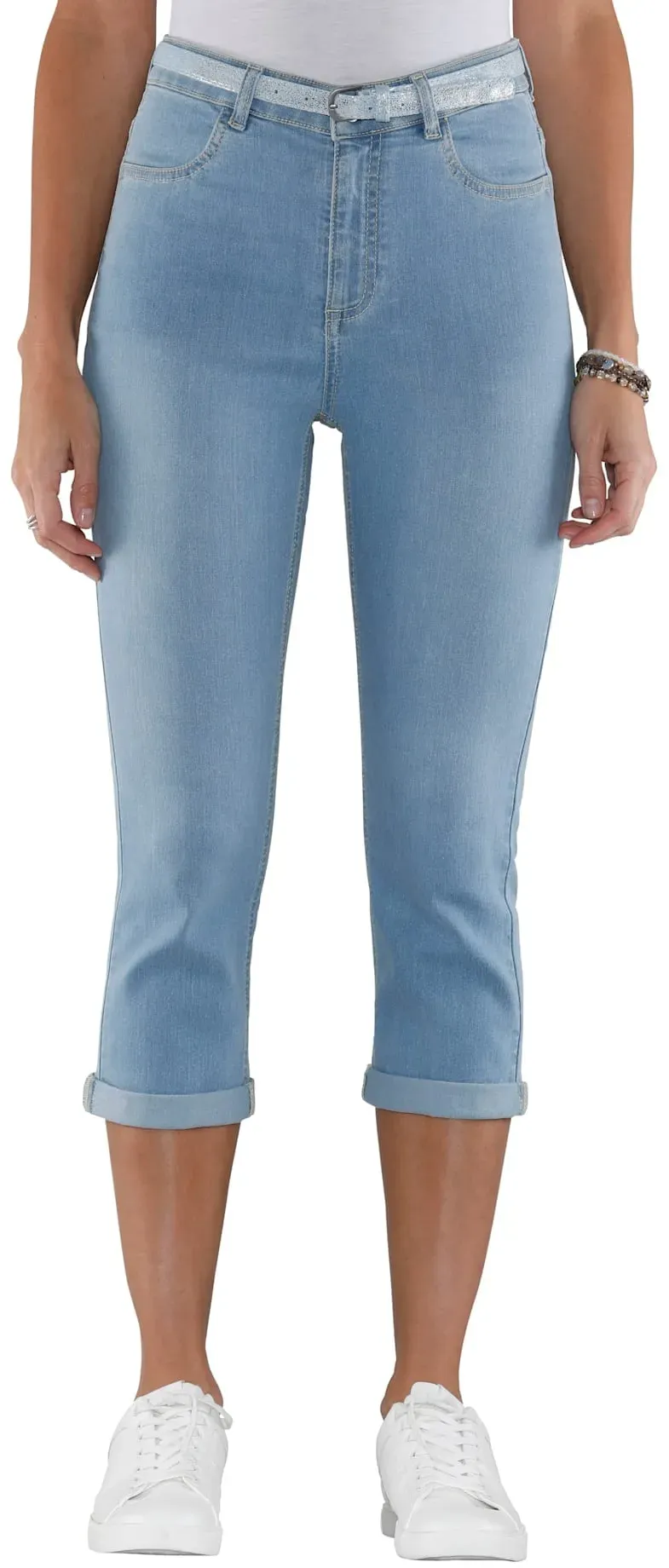 Caprijeans CLASSIC BASICS, Damen, Gr. 42, Normalgrößen, blau (blau, bleached), 81% Baumwolle, 17% Polyester, 2% Elasthan, unifarben, 3/4-Länge, Jeans, Topseller