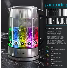Arendo Wasserkocher 1,7 l, 2200 W, Edelstahl mit Glaskörper, Temperaturwahl 40°C - 100°C, Aufkochfunktion