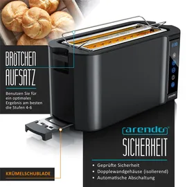 Arendo Toaster für 4 Scheiben Langschlitz 1500 W, Brötchenaufsatz, Wärmeisoliert, Display, Touch, Schwarz