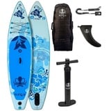 Runga-Boards Inflatable SUP-Board Runga Puaawai AIR 10.6 BLUE Stand Up Paddling SUP iSUP, (Set 2, Trolley-Rucksack, Center-Finne, Coiled-Leash, Doppelhub-Pumpe) Set 2