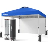 Wiltec Pop up Pavillon 3 x 3 m blau Seitenteil, Faltpavillon mit Rädern und „One Push“-Technologie, Gartenpavillon mit höhenverstellbaren Beinen