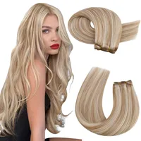 Moresoo Remy Echthaar Tressen zum Einnähen Blond 18 Zoll/45 cm Tressen Echthaar Extensions Goldblond mit Platinblond Haarverlängerungen Echthaar Tressen Glatt Haare 100 Gramm #P14/613