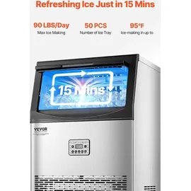 Vevor kommerzielle Eismaschine (40,82 kg/Tag) Eisbereiter mit 14,97 kg Speicherkapazität, 50 Eiswürfel in 15 Minuten, LED-Digitalanzeige, freistehend, selbstreinigend, für Bar Büro Restaurant